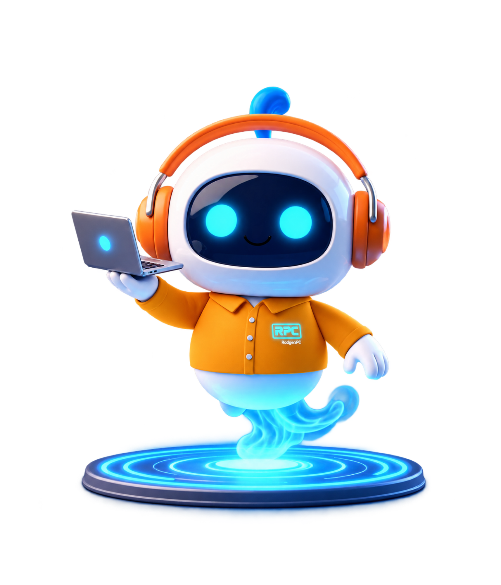 Orange and gold Sales Genie holding a laptop